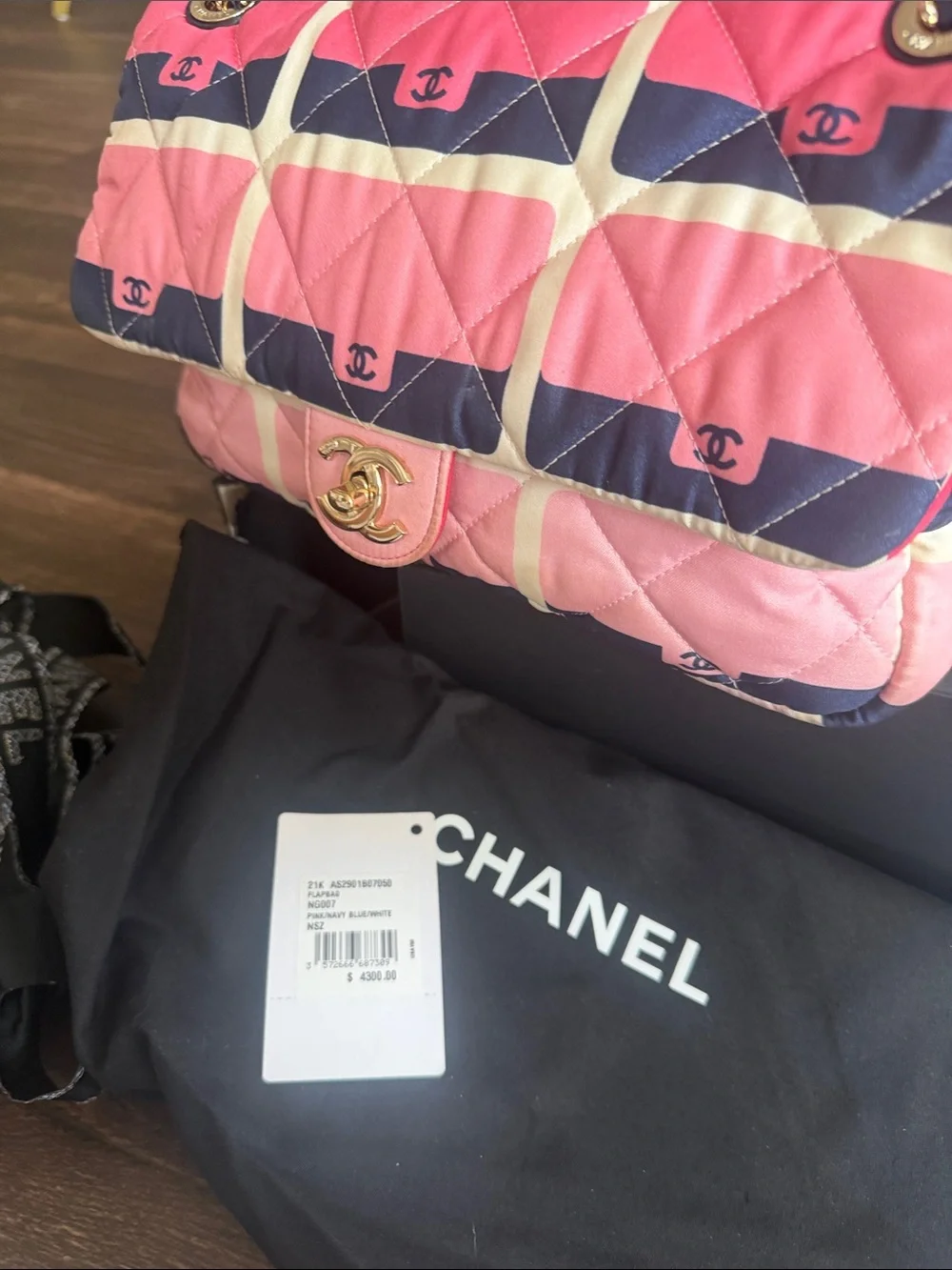 CHANEL Pink Quilted Shoulder Bag with Navy and Cream Grid